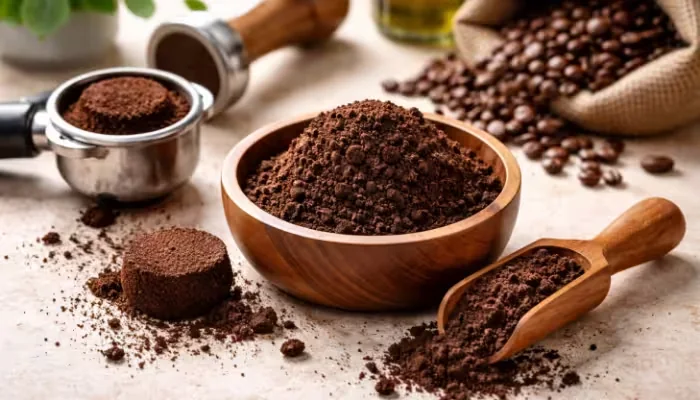 Pressed coffee-ground pucks beside bowls of milled grounds