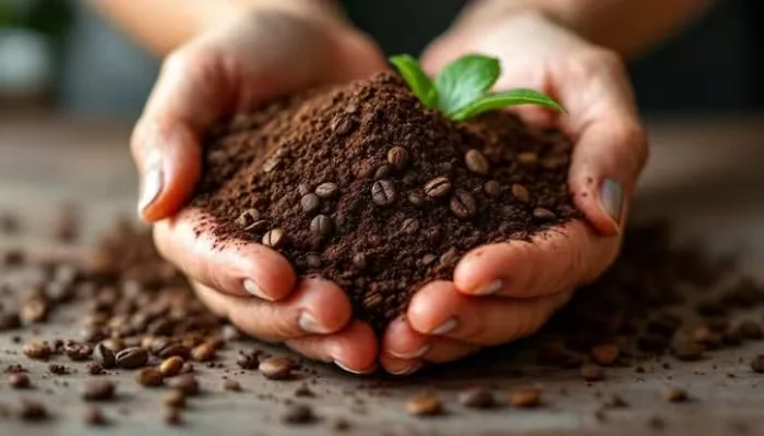 Hands cupping spent coffee grounds with a young seedling