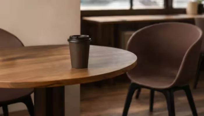 Kaffy cup on a meeting-room table beside a moulded chair