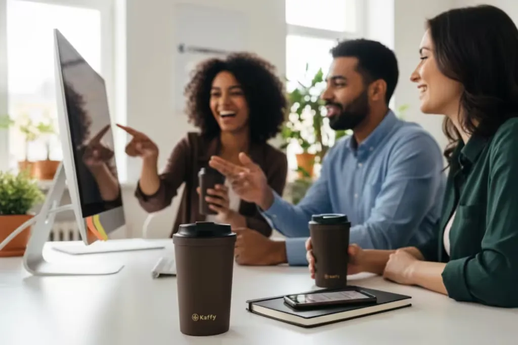 Colleagues in an office meeting with branded Kaffy cups on the desk