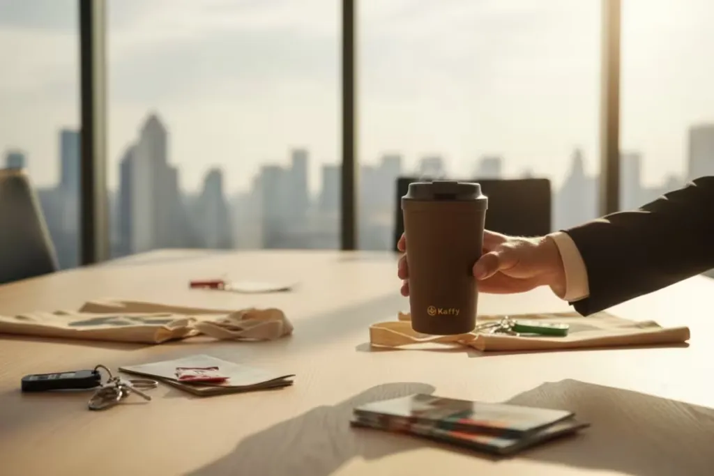 Branded Kaffy cups and pens set out on a boardroom table