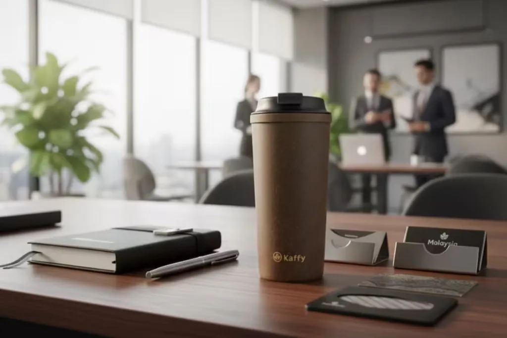 Kaffy tumbler and notebook arranged on a corporate desk