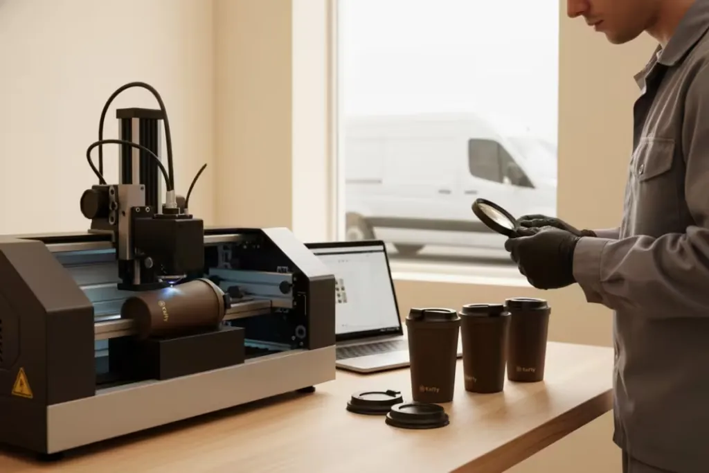 Laser engraver etching a corporate logo onto Kaffy drinkware
