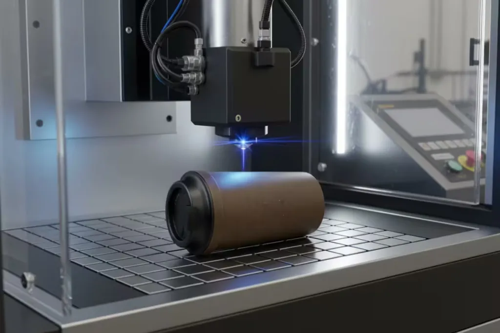 Close-up of a laser engraving head marking a coffee-ground tumbler