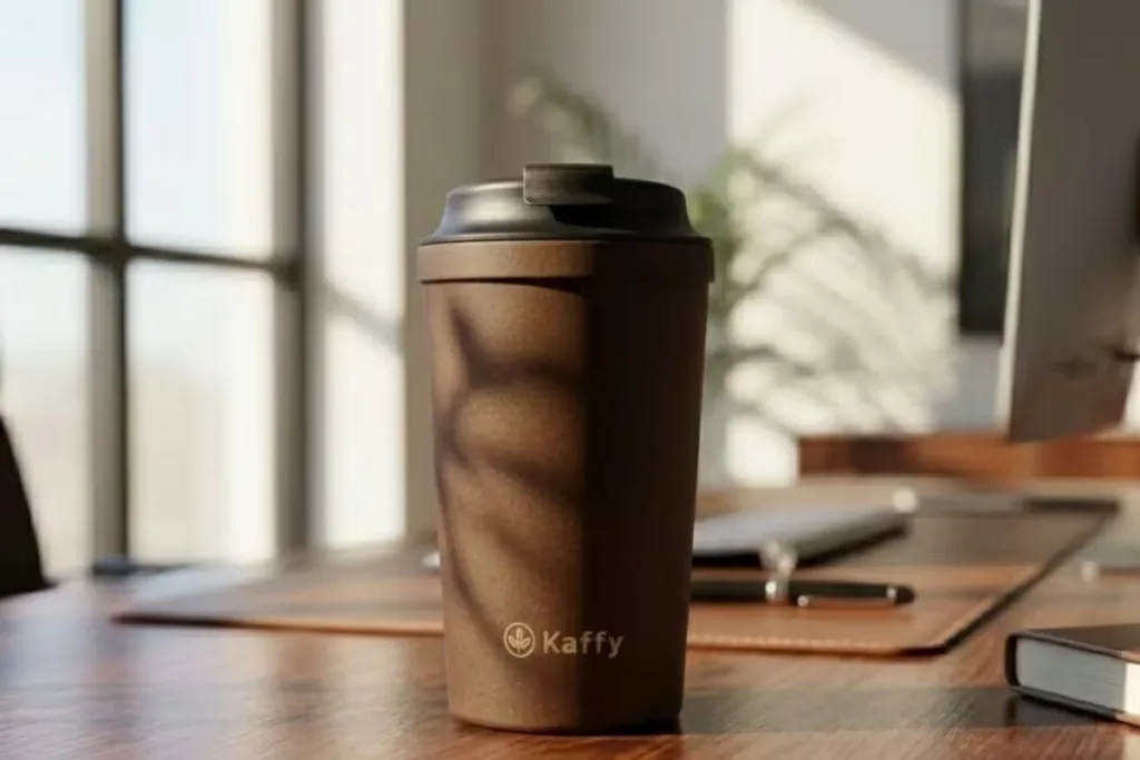 Kaffy tumbler on an executive desk in morning light