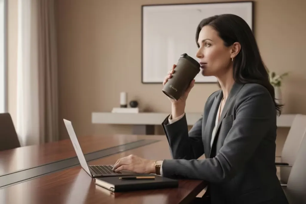 Professional working at a laptop with a Kaffy tumbler