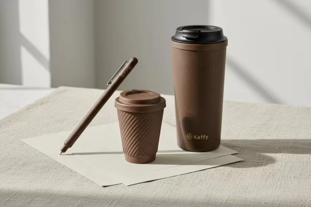 Kaffy tumbler, espresso cup and pen presented on a message card