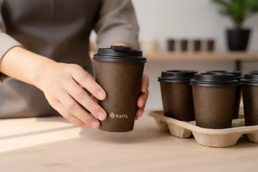 Branded Kaffy cups being packed in a tray during a production run