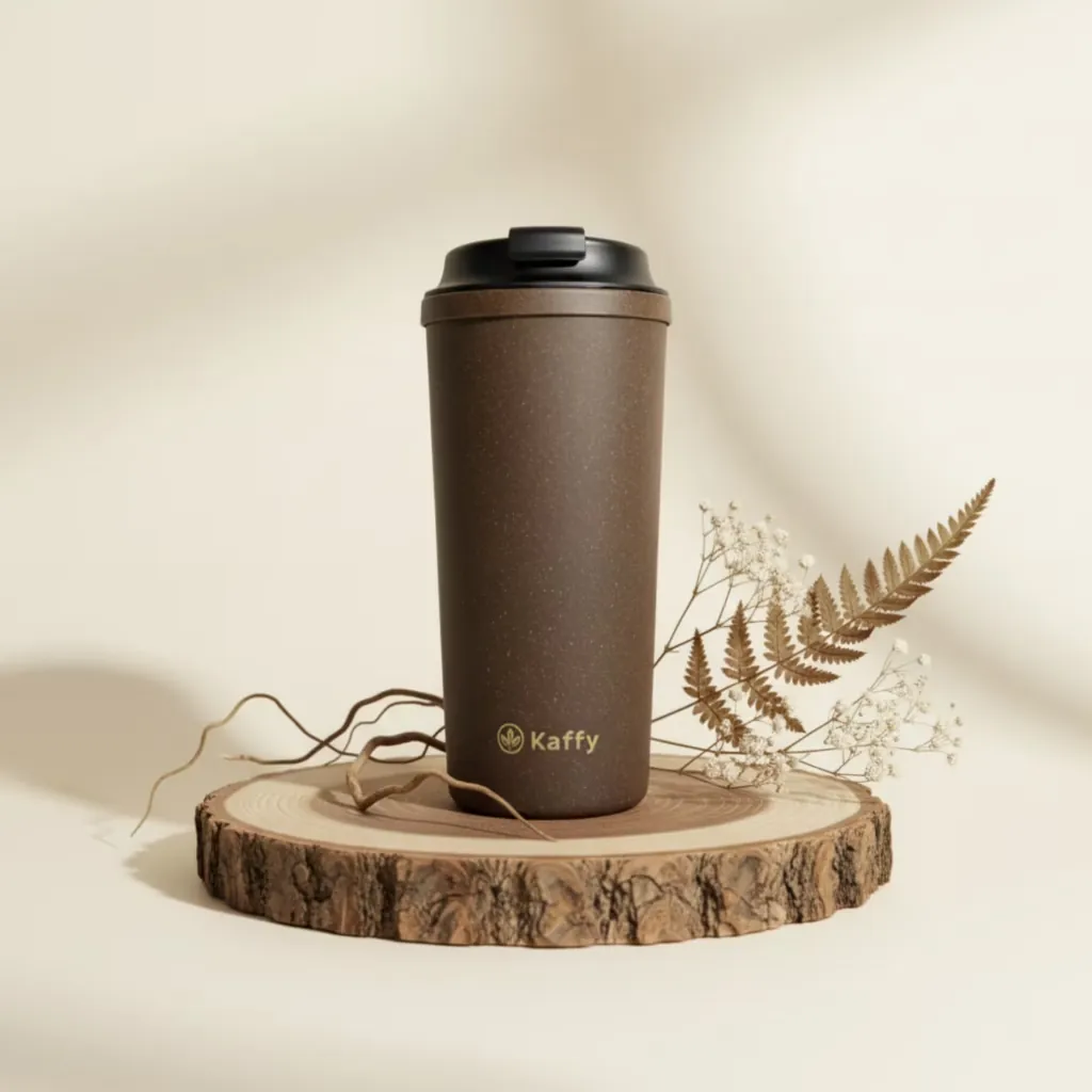 Kaffy tumbler displayed on a wooden slice with dried botanicals