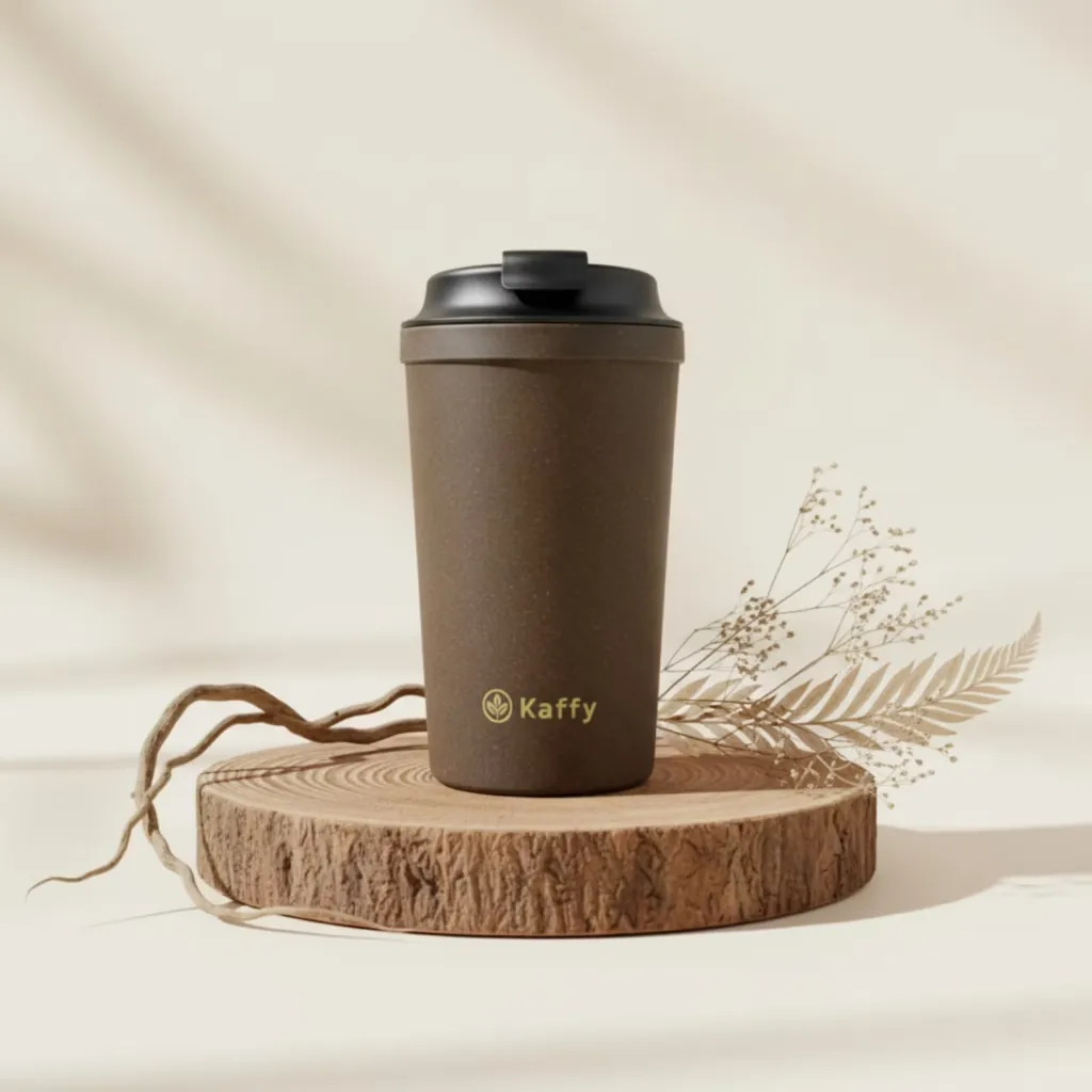 Kaffy tumbler styled on a wood slice in soft daylight