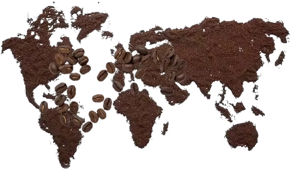 World map rendered in spent coffee grounds